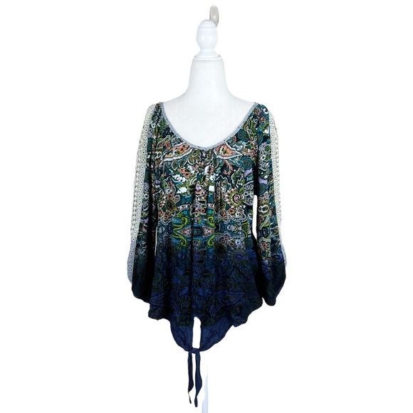 Mystree Boho Pattern Tie Front Ombré Lace Blouse - Picture 1 of 7